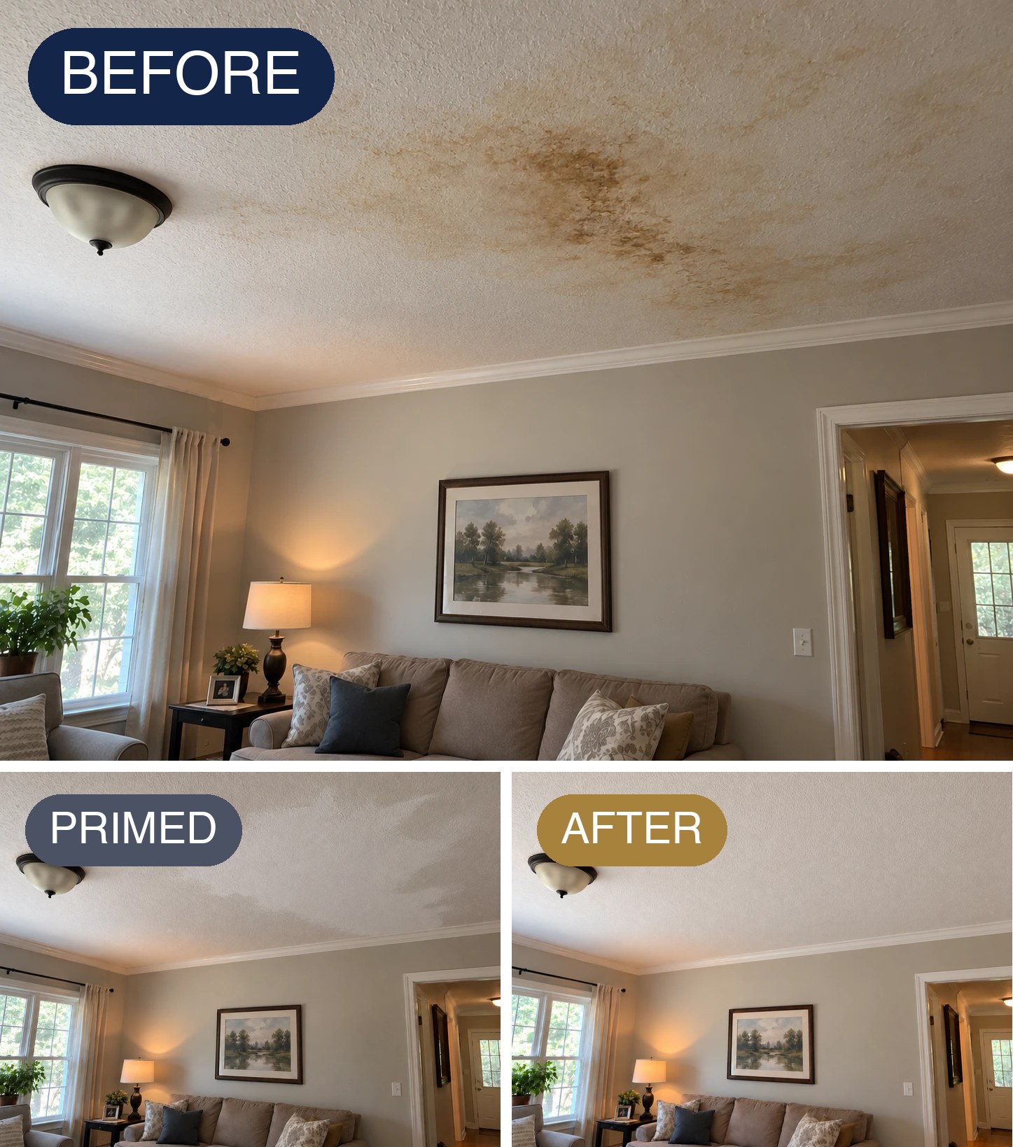 Water-stained ceiling before, after stain-blocking primer, and fully repainted